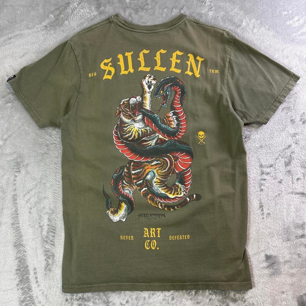 Sullen Art Collective Graphic T Shirt Olive Green Tiger Snake Print Size Medium